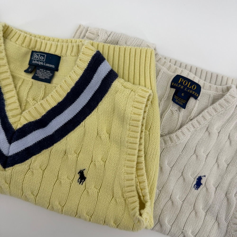 Polo Ralph Lauren Sweater Vest Kids Size 6 Yellow Cream Cable Knit 2pk V-Neck‎